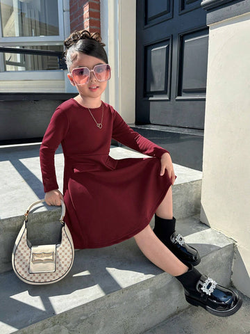 Matching Mother-Daughter Casual Elegant All-Match V-Neck Fitted Waist A-Line Long Sleeve Maroon Dress For Girls