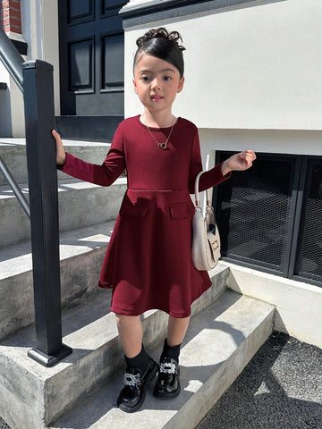 Matching Mother-Daughter Casual Elegant All-Match V-Neck Fitted Waist A-Line Long Sleeve Maroon Dress For Girls