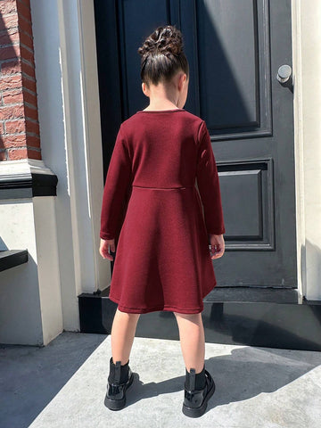 Matching Mother-Daughter Casual Elegant All-Match V-Neck Fitted Waist A-Line Long Sleeve Maroon Dress For Girls