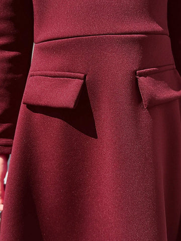 Matching Mother-Daughter Casual Elegant All-Match V-Neck Fitted Waist A-Line Long Sleeve Maroon Dress For Girls