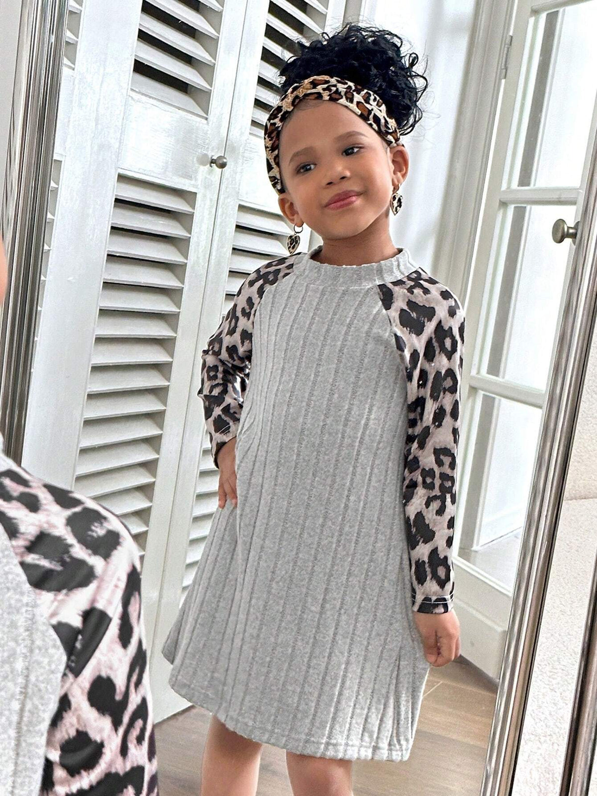 Matching Mother & Daughter Casual Classic Leopard Print Raglan Sleeve Soft Ribbed Crew Neck A-Line Waisted Knit Dress