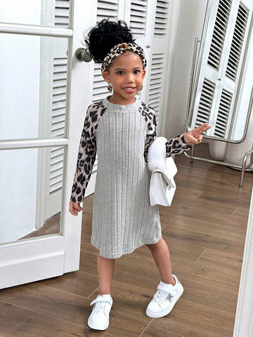 Matching Mother & Daughter Casual Classic Leopard Print Raglan Sleeve Soft Ribbed Crew Neck A-Line Waisted Knit Dress