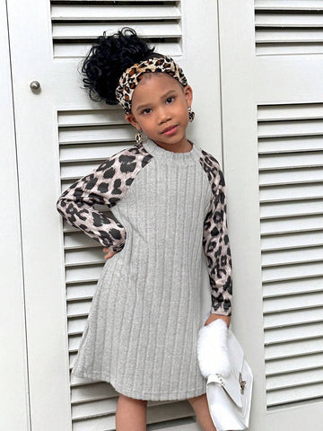 Matching Mother & Daughter Casual Classic Leopard Print Raglan Sleeve Soft Ribbed Crew Neck A-Line Waisted Knit Dress