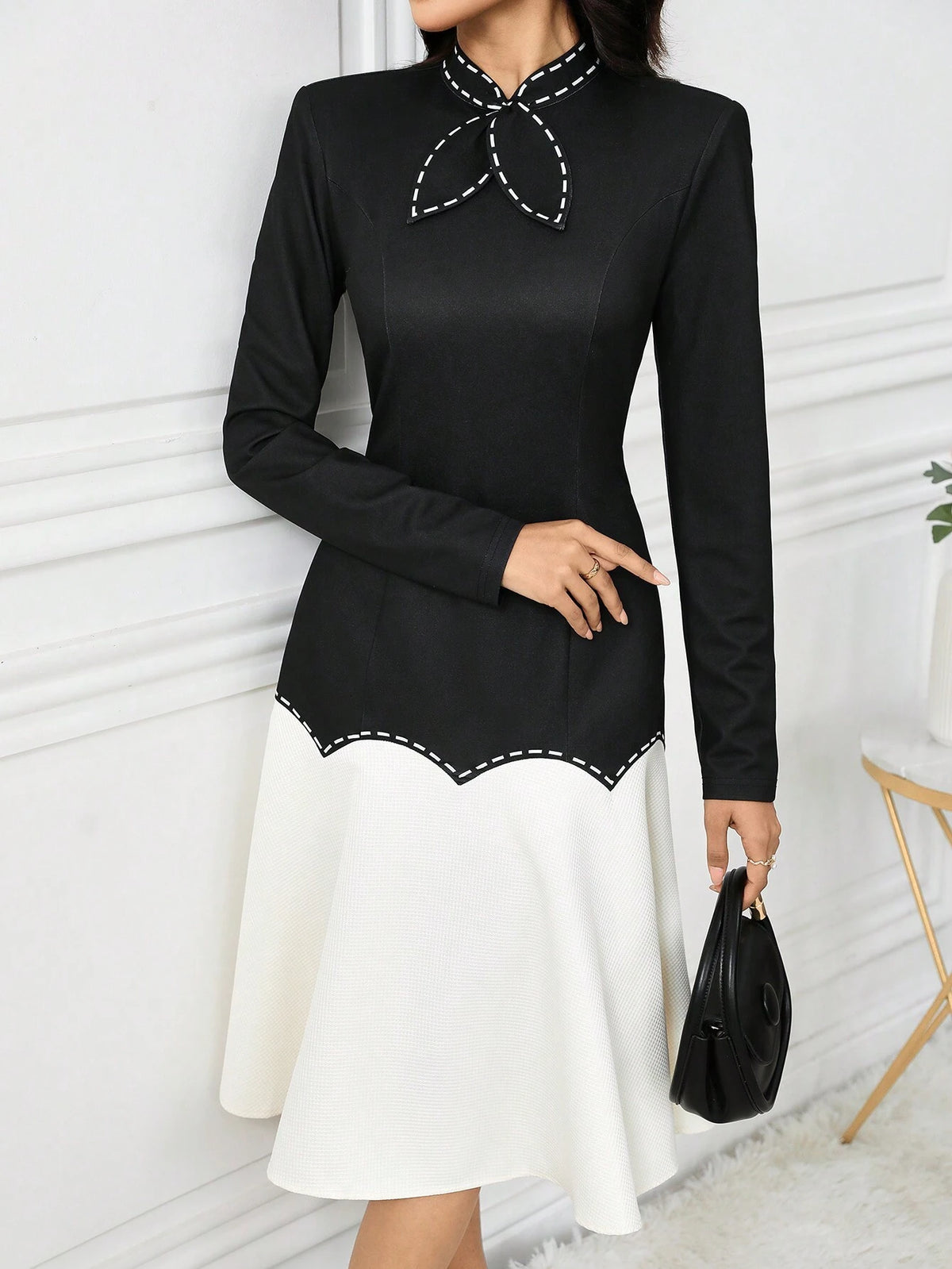 1pc Women Elegant Colorblock Splicing Stand Collar Dress, Autumn