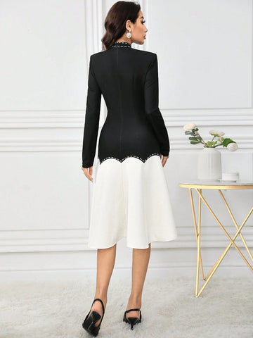 1pc Women Elegant Colorblock Splicing Stand Collar Dress, Autumn