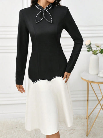 1pc Women Elegant Colorblock Splicing Stand Collar Dress, Autumn