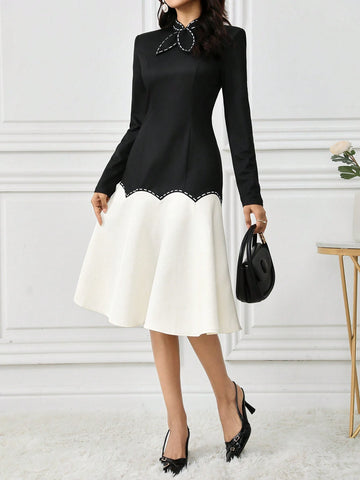 1pc Women Elegant Colorblock Splicing Stand Collar Dress, Autumn