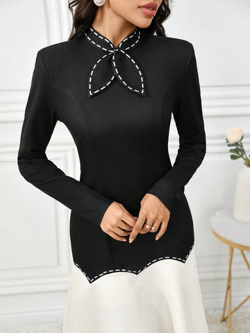 1pc Women Elegant Colorblock Splicing Stand Collar Dress, Autumn