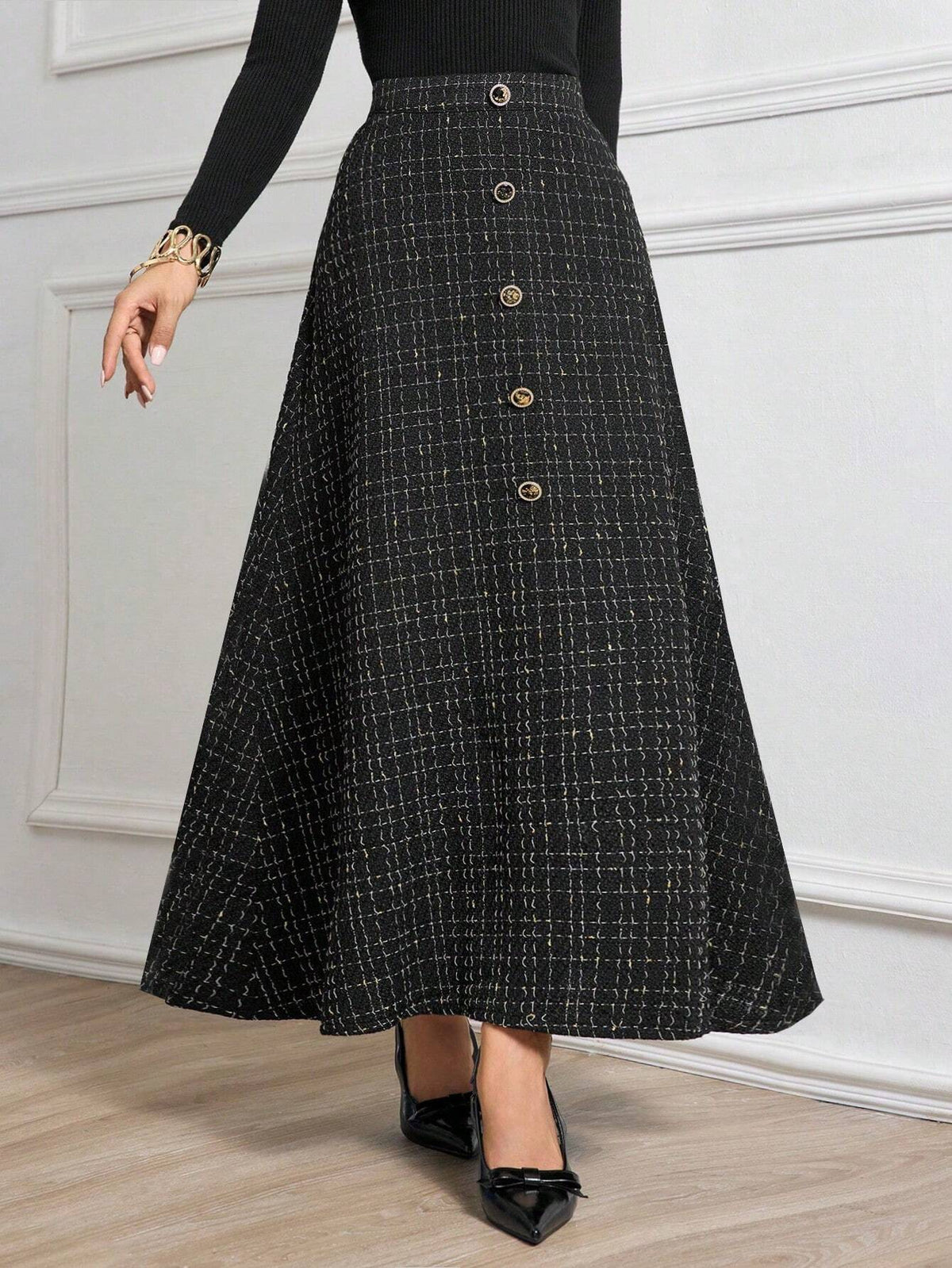 Modely 1pc Women Elegant Woven Thick Tweed Button A-Line Skirt Maxi Women Outfit