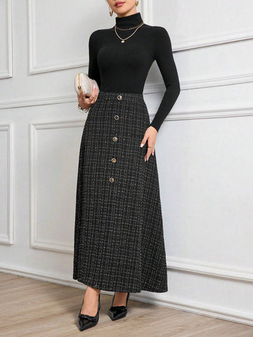 Modely 1pc Women Elegant Woven Thick Tweed Button A-Line Skirt Maxi Women Outfit