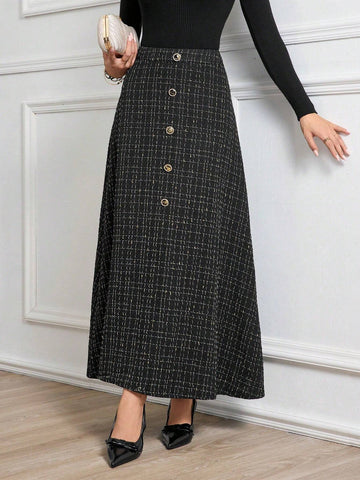 Modely 1pc Women Elegant Woven Thick Tweed Button A-Line Skirt Maxi Women Outfit