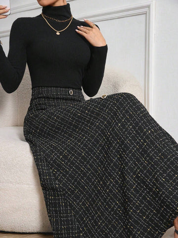 Modely 1pc Women Elegant Woven Thick Tweed Button A-Line Skirt Maxi Women Outfit