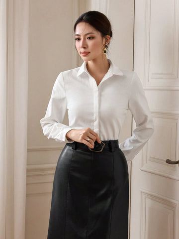 Modely 1pc Women's Fleece Lined Mandarin Collar Shirt With Pearl Button