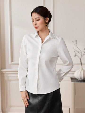 Modely 1pc Women's Fleece Lined Mandarin Collar Shirt With Pearl Button