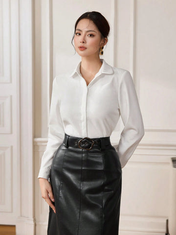 Modely 1pc Women's Fleece Lined Mandarin Collar Shirt With Pearl Button