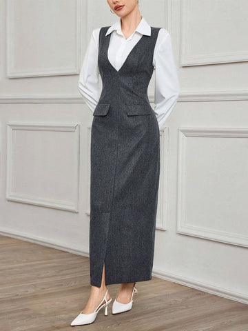 2pcs/Set: White Front Button Long Sleeve Top And V-Neck Sleeveless Dress, Elegant