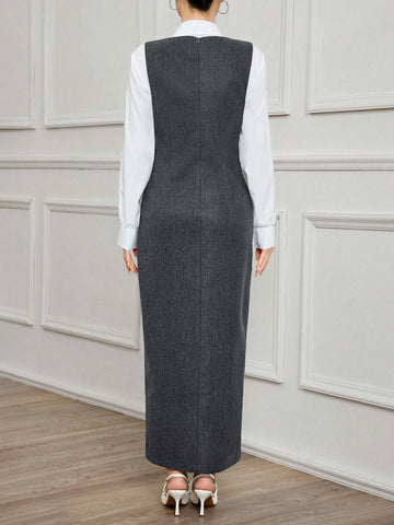 2pcs/Set: White Front Button Long Sleeve Top And V-Neck Sleeveless Dress, Elegant