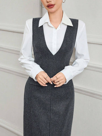 2pcs/Set: White Front Button Long Sleeve Top And V-Neck Sleeveless Dress, Elegant