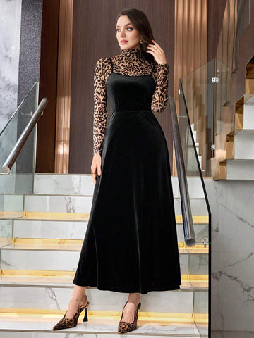 2pcs/Set Women Leopard Print Turtleneck Long Sleeve Top And Solid Color Velvet Slip Dress, Long Dress