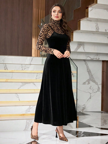 2pcs/Set Women Leopard Print Turtleneck Long Sleeve Top And Solid Color Velvet Slip Dress, Long Dress