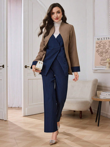 2pcs Women Striped Splice Contrast Color Design Long Sleeve Jacket And Pants Set, Casual For Commuting
