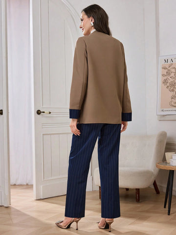 2pcs Women Striped Splice Contrast Color Design Long Sleeve Jacket And Pants Set, Casual For Commuting