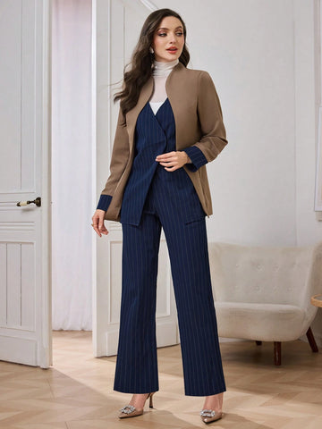2pcs Women Striped Splice Contrast Color Design Long Sleeve Jacket And Pants Set, Casual For Commuting