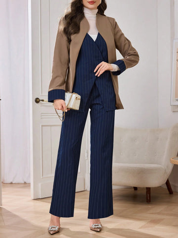 2pcs Women Striped Splice Contrast Color Design Long Sleeve Jacket And Pants Set, Casual For Commuting