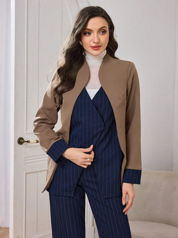 2pcs Women Striped Splice Contrast Color Design Long Sleeve Jacket And Pants Set, Casual For Commuting