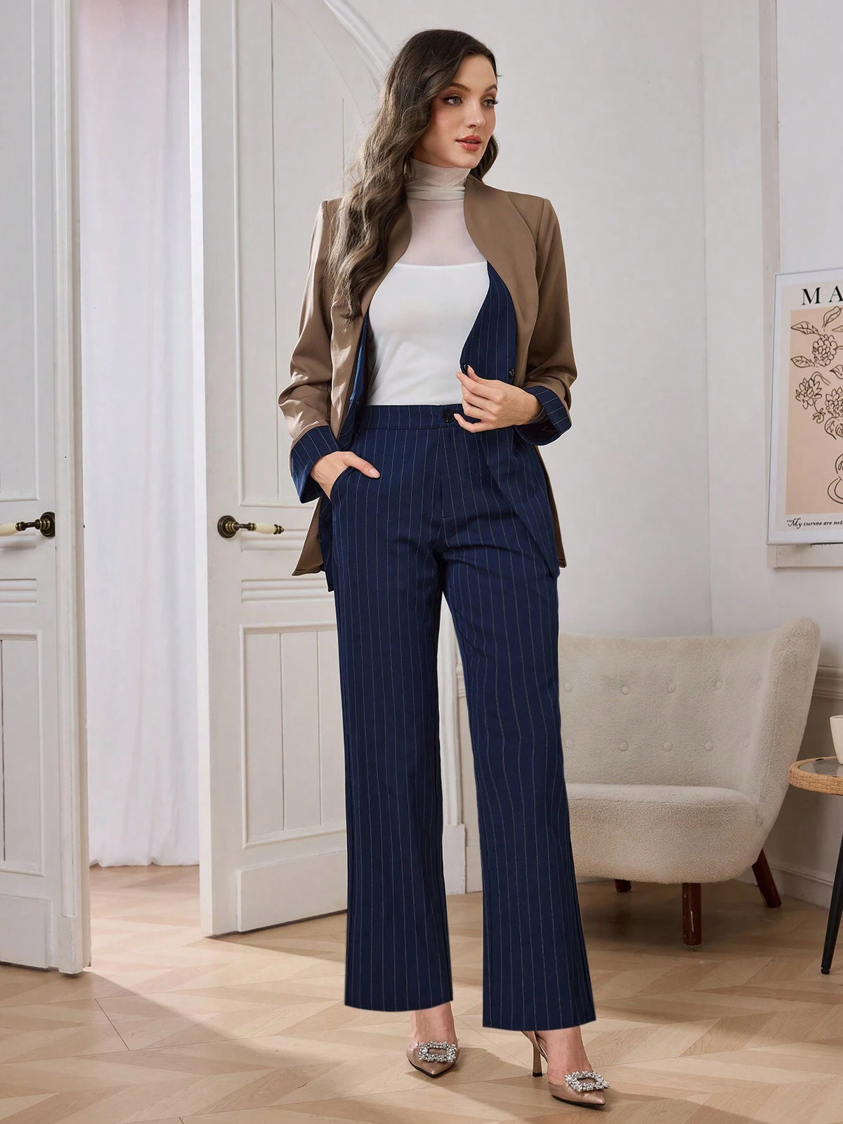 2pcs Women Striped Splice Contrast Color Design Long Sleeve Jacket And Pants Set, Casual For Commuting