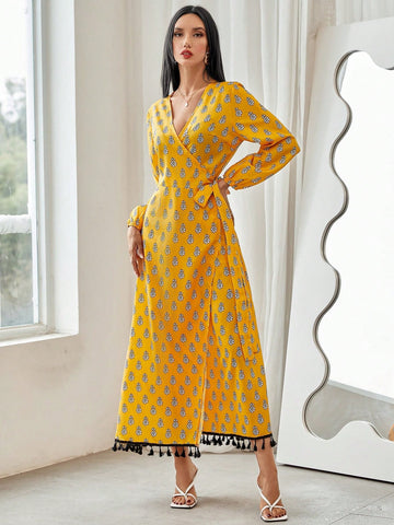 All-Over Printed Fringe Hem Wrap Dress With Side Tie