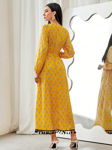 All-Over Printed Fringe Hem Wrap Dress With Side Tie