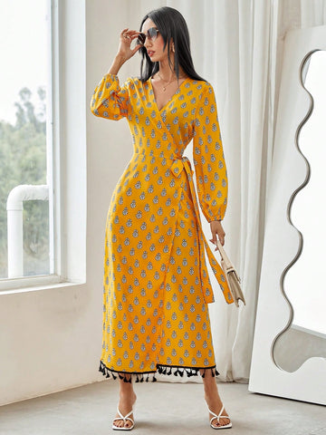 All-Over Printed Fringe Hem Wrap Dress With Side Tie