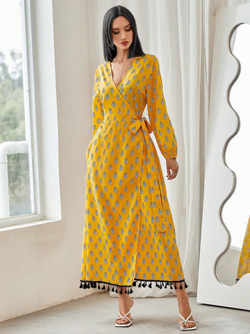 All-Over Printed Fringe Hem Wrap Dress With Side Tie