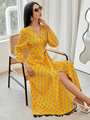 All-Over Printed Fringe Hem Wrap Dress With Side Tie