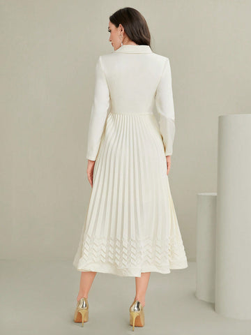 Modely Asymmetrical Neck Embroidered Pleated Long Sleeve Dress Without Belt