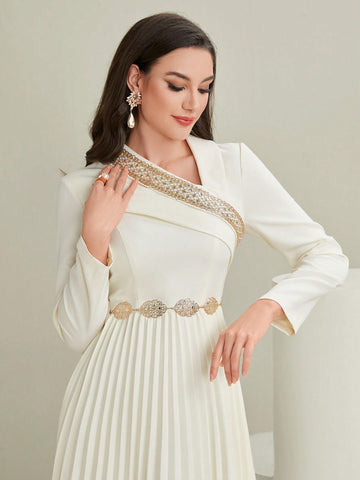 Modely Asymmetrical Neck Embroidered Pleated Long Sleeve Dress Without Belt