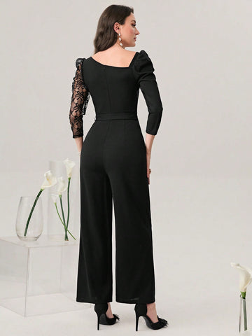 Asymmetrical Neck Gigot Sleeve Rhinestone Detail Wide Leg Jumpsuit With Belt