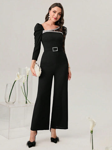 Asymmetrical Neck Gigot Sleeve Rhinestone Detail Wide Leg Jumpsuit With Belt