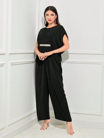 Batwing Sleeve Contrast Sequin Jumpsuit
