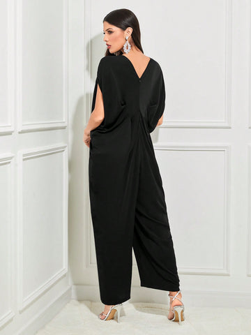 Batwing Sleeve Contrast Sequin Jumpsuit
