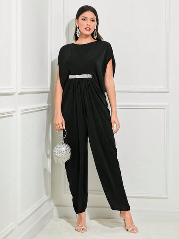 Batwing Sleeve Contrast Sequin Jumpsuit
