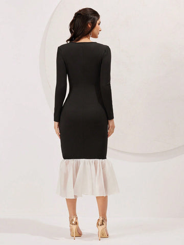 Modely Bead Tassel Decorated Square Neckline Dress With Ruffle Hem