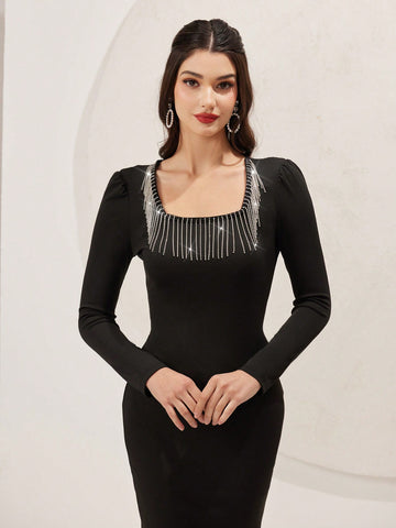 Modely Bead Tassel Decorated Square Neckline Dress With Ruffle Hem