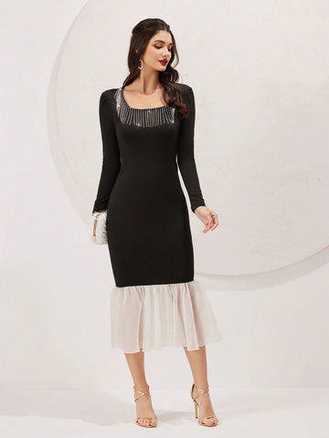 Modely Bead Tassel Decorated Square Neckline Dress With Ruffle Hem