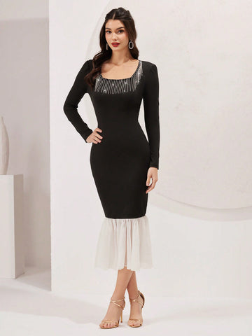 Modely Bead Tassel Decorated Square Neckline Dress With Ruffle Hem