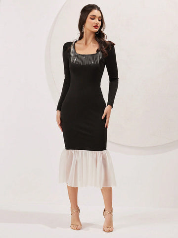 Modely Bead Tassel Decorated Square Neckline Dress With Ruffle Hem
