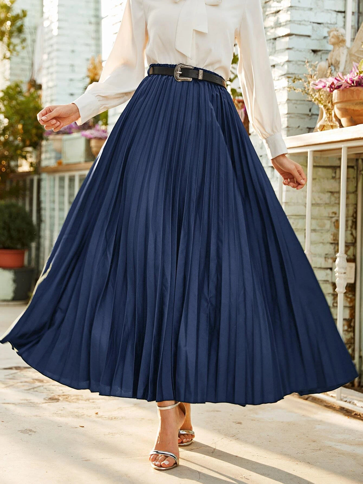 Modely Belted Pleated Maxi Skirt