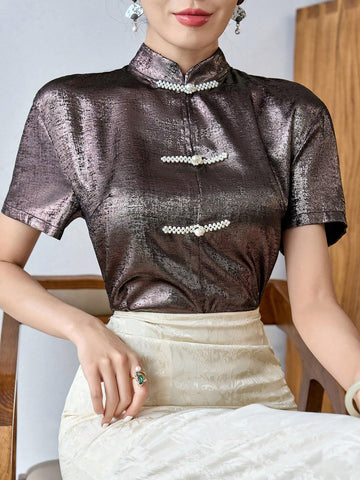 Modely Chinese Frog Button Front Short Sleeve Solid Elegant Blouse