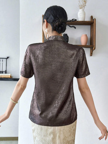 Modely Chinese Frog Button Front Short Sleeve Solid Elegant Blouse